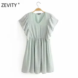 Frauen Mode V-Ausschnitt Punkte Nähen Casual Chiffon Kleid weibliche Falten Schmetterlingshülse Vestidos Chic Kleider DS4376 210420