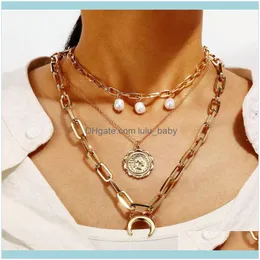 Chains Necklaces & Pendants Jewelrychains Punk Pearl Sweater Chain Human Head Crescent Pendant Women Three Layer Necklace Hip Hop Stainless