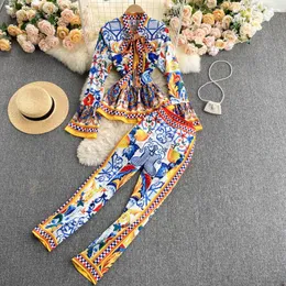 Fashion Two Piece Set Women Elegant Autumn Vintage Print Pant Suit Ruffle Blouse Shirt Top And Long Pants Sets
