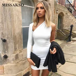 Missakso Autumn Women Bodycon Mini Dress Club Party Winter Białe Backless Sexy One ramię sukienki 210625