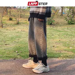 Lappster Men Fleece Winter Baggy Jeans 2022 Denim Pants Man 한국 패션 블랙 하렘 남성 캐주얼 넓은 다리 쌓인 0309