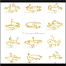 Zespół pierścieni Biżuteria Drop Dostawa 2021 12 Konstelacje Moda Otwórz Lucky Przyjaciel Prezent Złoty Kolor Diament Ring Zodiak 2Foyr