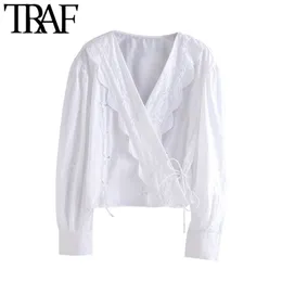 TRAF Women Fashion Cutwork Embroidery Wrap Cropped Blouses Vintage Long Sleeve Side Tied Female Shirts Blusas Chic Tops 210415