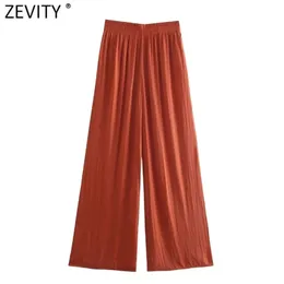 Zevity Frauen Mode Einfarbig Falten Breite Bein Hosen Weibliche Chic Elastische Taille Seitentaschen Casual Sommer Lange Hosen P1142 210915