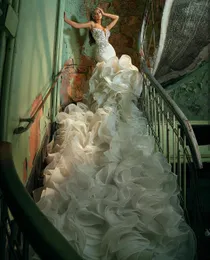 2021 Mermaid Wedding Dress Tiered Ruffles Long Train Beaded Bridal Gowns Saudi Arabic Luxury vestido de novia180e