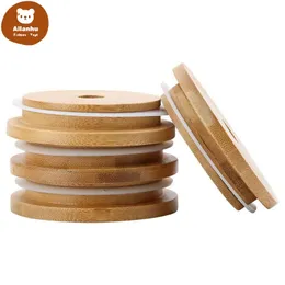 Bambu Kapak Kapakları 70mm 88mm Yeniden Kullanılabilir Bambu Mason Kavanoz Kapakları, Saman Delikli ve Silikon Contalı