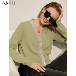 Amii Minimalism Spring Offical Lady Women's Sweater Tops Causal Vneck Patchwork Single-breasted Cardigans For Women 12140300 210914