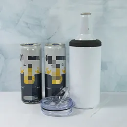 16oz sublimação Tumblers em linha reta 4 em 1 lata refrigeradores para latas de 12oz garrafa de cerveja em branco Tumbler brilhante com dupla tampas de aço inoxidável parede dupla vácuo