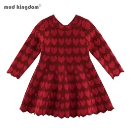 Mudkingdom Girls Dresses Fall Fashion Long Sleeve Kids Clothes Love Heart Print Knit Warm Dress Sweater 210615