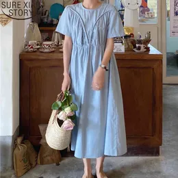 Casual Sommer Frauen Langes Kleid Midi Hohe Taille Koreanische Art Und Weise Falten Runde Kragen Blau Kleider Lose Vestidos 14034 210417