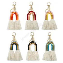 Handgjord Boho Rainbow Tassel Key Ring Bag Hänger Guld Keychain Holder Mode Smycken Present