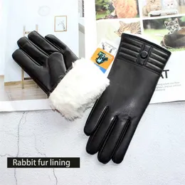 Зимние утолщенные теплые перчатки из овчины с сенсорным экраном женские кожаные белые кроличьи меховые подкладки на открытом воздухе ветрозащитные увеличивают палец 220112