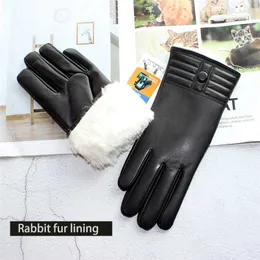 Winter Verdickte Wärme Touchscreen Schaffell Handschuhe Weibliche Leder Weiß Kaninchen Fell Futter Outdoor Winddicht Erhöhen Finger 220112