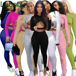 Mulheres Tracksuits Duas peças Set Deisgner Outfits Slim Sexy Cor Sólida Cruz Cruz Cut Sports Outfits Cardigan Longo Manga De Manga Calças Jogger Sets