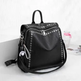 Genuine Leather Backpack Rivet Women Multifunctional Backpack Female Travel Bag Teenage Girls Fashion Schoolbag Mochila 202211