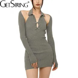 Grefling Women Set Knitted Dress Set Långärmad Stickning Kort kappa med Slim Halter Mini Dress Två Piece Sets Höst 211108