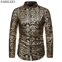 Men's Paisley Floral Gold Shiny Printed Tuxedo Shirt Brand Banded Collar Slim Fit Dress Shirt Men Wedding Party Baroque Chemise 210522