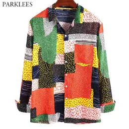 Retro Hit Color Patchwork Men Shirts Moda Dots Drukowane Męskie Koszula Z Długim Rękawem Dorywczo Koszula wakacyjna dla mężczyzn z kieszenią 210524