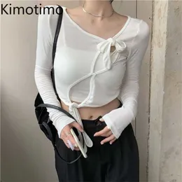Kimotimo sommar två stycken Set Kvinnor Koreanska Mode Design Bälte Långärmad Solid Short T-shirt + All-Match Liten Vest Vestidos 211109