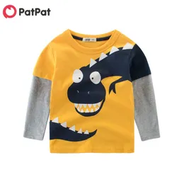 Autumn Baby Toddler Boy Dinosaur Print Long-sleeve Tee for Kids Clothes Yellow Color In Stock 210528