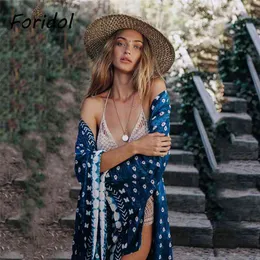 Butterfly Print Bohemian Oversized Beach Dress Cover-Ups Holiday Sash Baddräkt Blå Cover Up Robe Kimono 210427