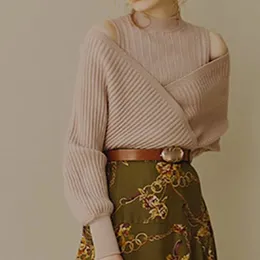 Sexy spalla senza spalline Slash Neck maglia maglione donne pullover manica lunga design pull femme primavera sciolto Sueter 210514