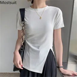 Koreansk o-nacke Kortärmad T-shirt Toppar Kvinnor Splitting Snygg Solid Basic Tees Summer Casual Fashion Ladies T-shirts 210513