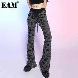 [EAM] Yüksek Bel Koyu Gri Uzun Çapak Geniş Le Pantolon Gevşek Fit Pantolon Kadın Moda İlkbahar Yaz 1DD8457 21512