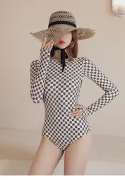 European fashion design women's long sleeve moon houndstooth grid letter print sexy padded one piece swimwear bathing swimsuit MLXL