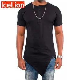 アイスライオンの夏Tシャツの男性不規則な裾の半袖Tシャツファッションボタン襟ヒップホップストリートウェアトップススリムフィットTシャツ210726
