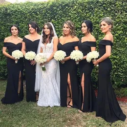 2021 Simple fuera del hombro Satin Sirena Vestidos largos damas de honor ruchada Split Plus Size Wedding Guest Maid of Honor Vestidos