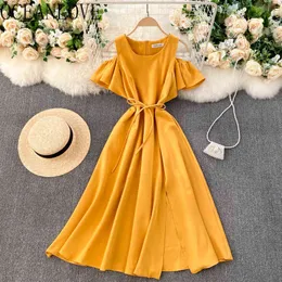 Solid Summer Dresses A-Line Lace Up High Waist Vestidos Mujer Korean Ins Beach Style Ruffles Femme Robes 210415