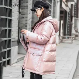 Winter Women White Duck Down Parka Glossy Silvery Punk Street Loose Jacket Bread Overcoat Female Zipper Hooded Outwear 210430