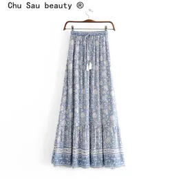 Chu Sau Güzellik Moda Boho Vintage Baskı MIDI Etek Tatil Tarzı Elastik Bel Püskül Bayanlar Uzun Etek 210721