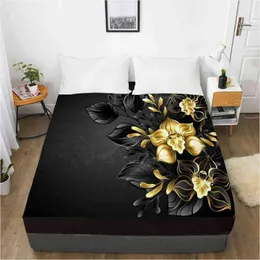 3D HD Digital Utskrift Anpassad lakan med elastik, monterad plåt Drottning King Black Golden Flower Bedding Madrass Skal 180x200 210626