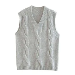 Evfer Women Autumn Casual Za Gray Sleevless Knitted Pullover Vest Female Fashion V-Neck Loose Sweters Girls Chic Long Kniwear Y1110