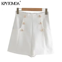 KPYTOMOA Frauen Chic Mode Mit Knöpfen Taschen Bermuda Shorts Vintage Hohe Taille Seite Zipper Weiblichen Kurzen Ropa Mujer 210719