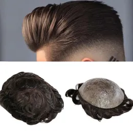 New Hair system Human Hair Thick Skin PU Men Toupee Capillary Prosthesis Replacement SystemHair Pieces With Scalloped Front 8inches