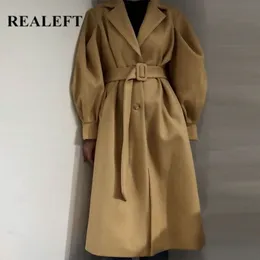 Realeft Autumn Winter Lantern Sleeve Solid Women Coats Sashes Exhize Classic Long Trench Coats女性ウィンドブレイカーポケット67SL