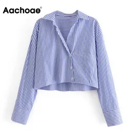 Mode Striped Beskuren Skjorta Kvinnor Slå ner Krage Casual Shirts Kvinna Långärmad Loose Blouse Streetwear Toppar 210413