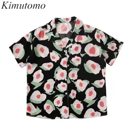Kimutomo Blouse лето Гонконг стиль ретро праздник стиль печатная рубашка корейский совокупный воротник повседневный с коротким рукавом топ 210521