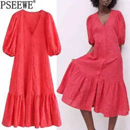 ドレス女性夏赤カットワーク刺繍ロングドレス女性フリルショートパフスリーブカジュアルレディース210519