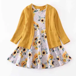 Girlymax 2PCS Baby Girls Kids Clothing Milk Silk Floral Print Twirl Dress Mustard Waffle fabric Cardigan Knee Length Long Sleeve G1218