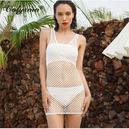 Colysmo Costume da bagno sexy Cover Ups 2021 Summer Women Mesh Beach Costume da bagno Bikini See Through Dress Bianco Nero Parei