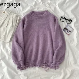 Ezgaga Hole Tröja Jumper Kvinnor Höst Vinter Koreansk O-Hals Solid Brutna Oversize Ladies Stickade Toppar Fashion Pullover 210430