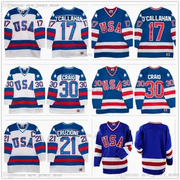 1980 Miracle On Ice Team 21 Mike Eruzione Eishockey-Trikotpullover 30 Jim Craig 17 Jack Callahan Blau Weiß genähte Herren-Trikots ohne Namen und Nummer