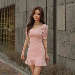 Pink Female sex dress Korea Ladies Short Sleeve square neck Office Party Dresses For women clothing 210602