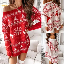 Casual Dresses [Porcket J] Winter Round Neck Christmas Style Long Sleeve Knit Dress Ladies Party Festival Warm Slanted Sweater Skirts