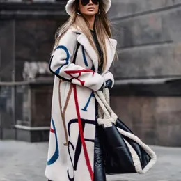 Kvinnors ullblandningar 2021 Höst och vinterblandad Lång Cardigan Jacka Casual Långärmad Loose Coat Mode Tryckta Lapel Coats