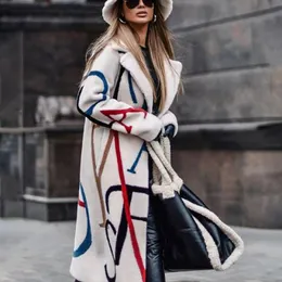 Wełna damska mieszany 2021 Jesień i zima Mieszany Długa Kurtka Casual Casual Długi Rękaw Loose Coat Moda Drukowane Płaszcze Lapel